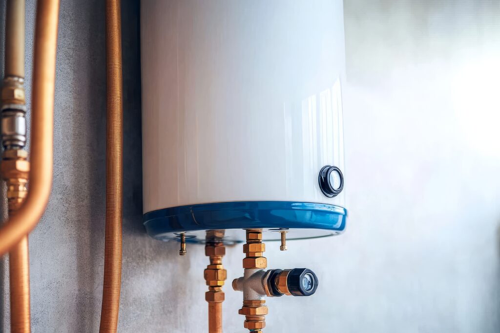 Un ballon d'eau chaude fixé sur un mur.