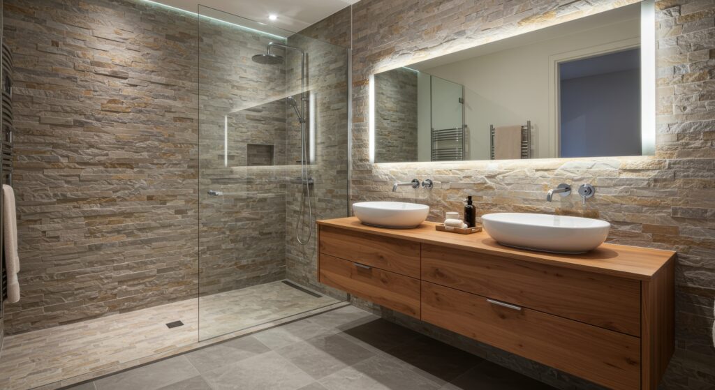 Une salle de bains avec un mur de pierre.
