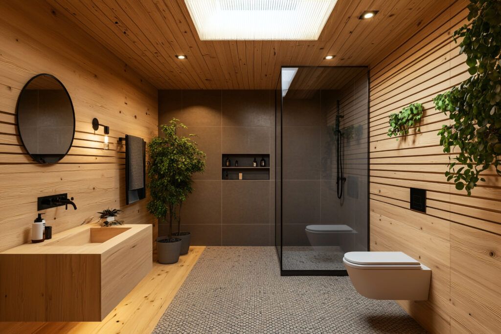 Salle de bains avec des murs en panneaux en bois.