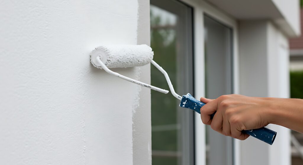 Une personne peignant un mur extérieur en blanc.