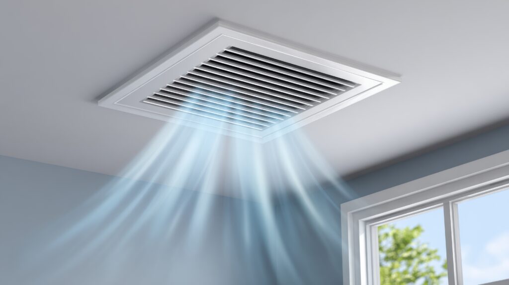 Une grille de ventilation au plafond.