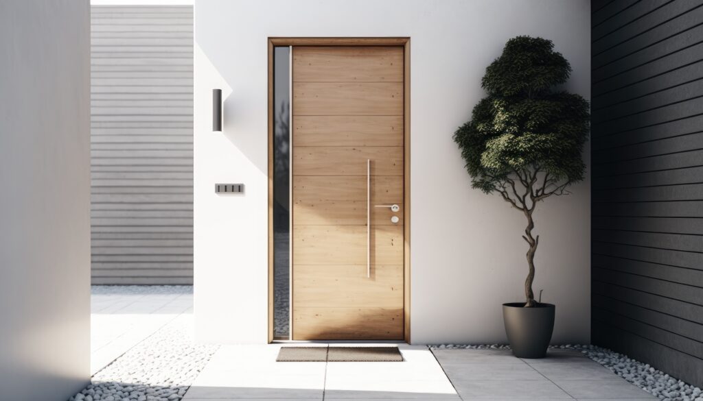Une porte d'entrée en bois clair.