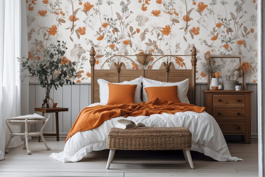 Un mur en papier peint fleuri derrière un lit.