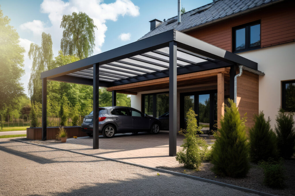 Un carport devant une maison.