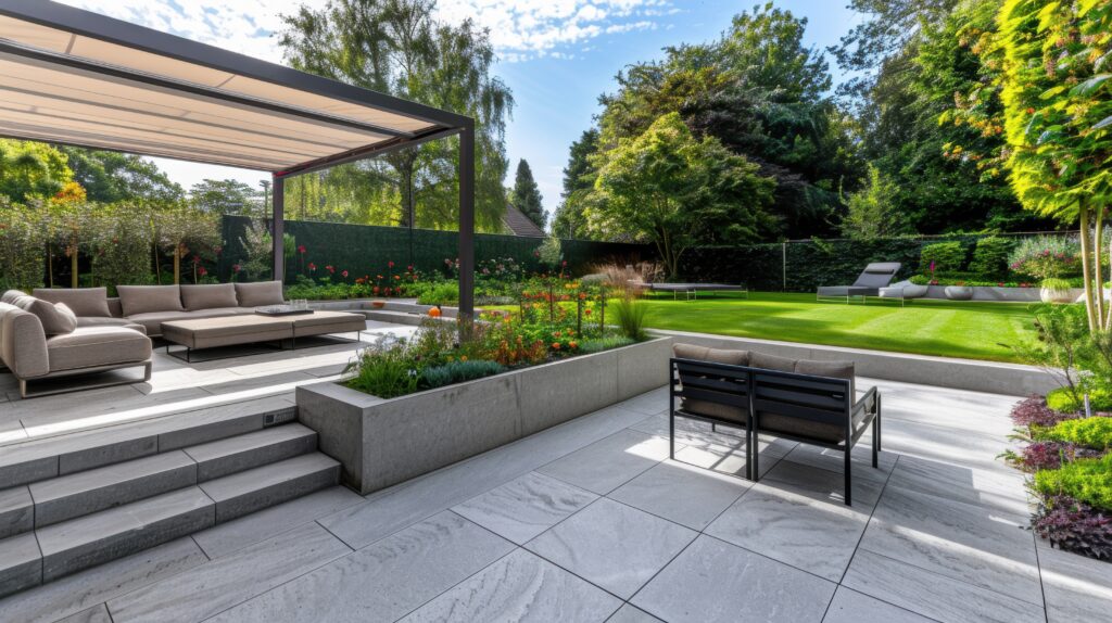 Une pergola sur la gauche et une terrasse à droite.