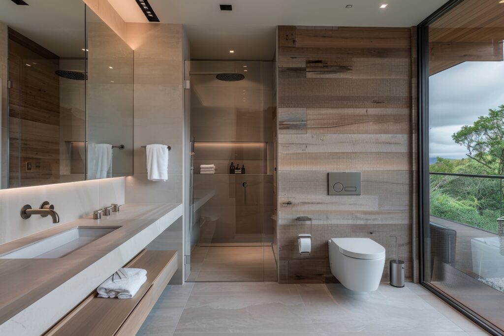 Une salle de bains en bois foncé.