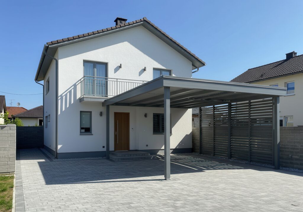 Un carport collé à une maison.