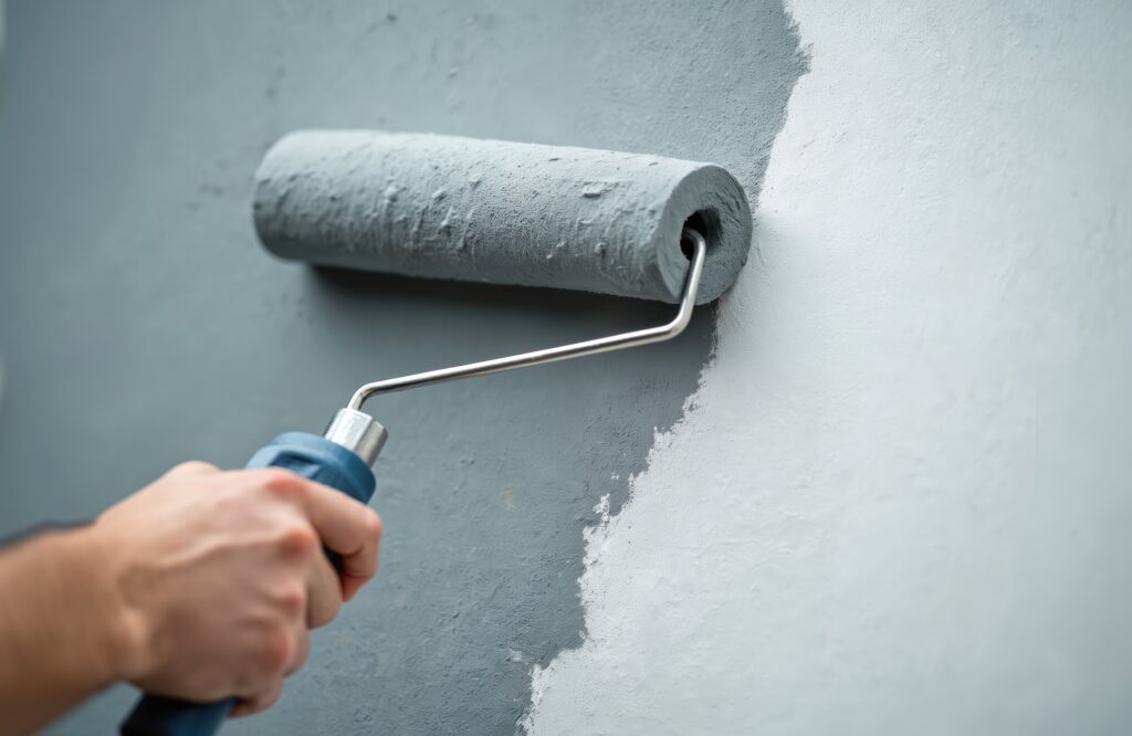 Une personne peignant une façade en gris.