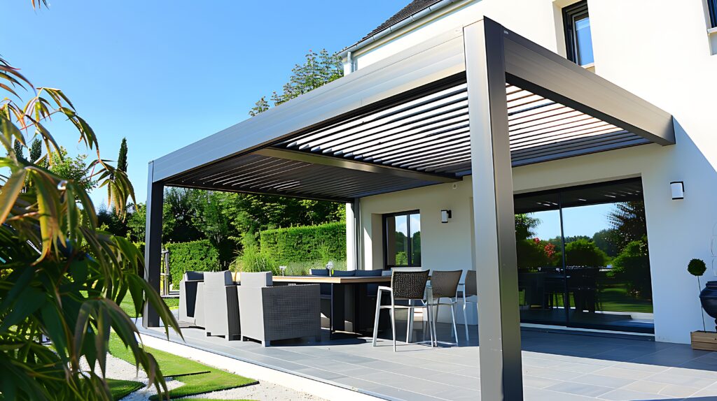 Une pergola en aluminium avec une terrasse en dessous.